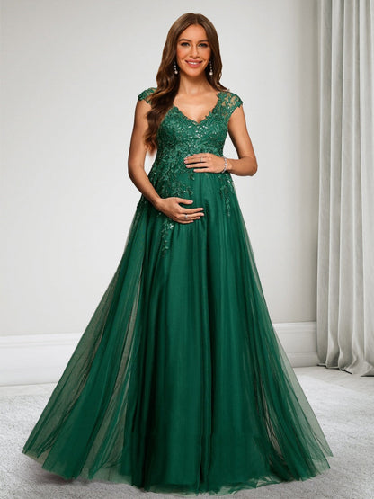 Robe d'Invité de Mariage de Maternité Ligne A/Princesse, Col en V & Mancherons, Longueur Sol, avec Dentelle