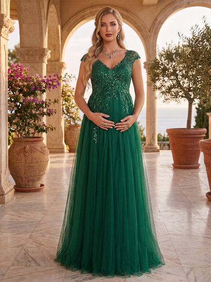 Robe d'Invité de Mariage de Maternité Ligne A/Princesse, Col en V & Mancherons, Longueur Sol, avec Dentelle