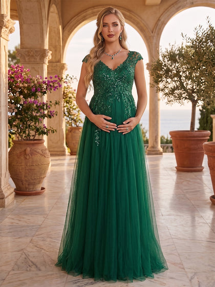 Robe d'Invité de Mariage de Maternité Ligne A/Princesse, Col en V & Mancherons, Longueur Sol, avec Dentelle