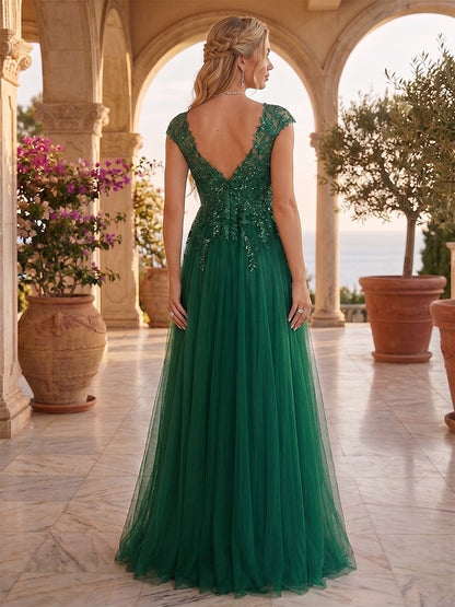 Robe d'Invité de Mariage de Maternité Ligne A/Princesse, Col en V & Mancherons, Longueur Sol, avec Dentelle