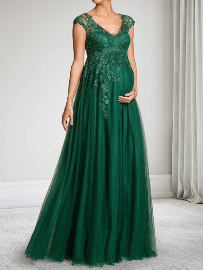 Robe d'Invité de Mariage de Maternité Ligne A/Princesse, Col en V & Mancherons, Longueur Sol, avec Dentelle