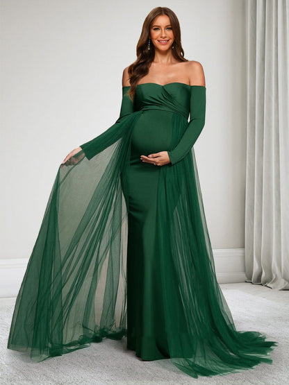 Robe d'Invitée de Mariage de Maternité Gaine/Colonne Hors de l'épaule Manches Longues Longueur Sol avec Surjupe
