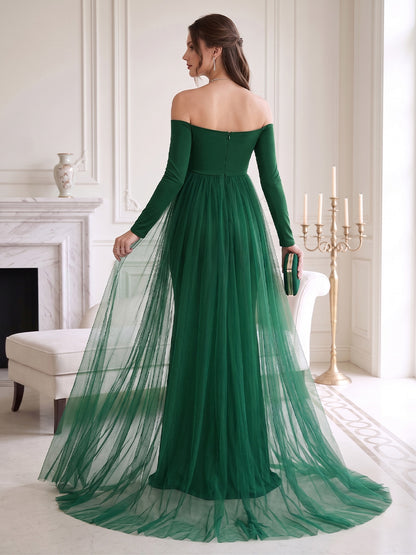Robe d'Invitée de Mariage de Maternité Gaine/Colonne Hors de l'épaule Manches Longues Longueur Sol avec Surjupe