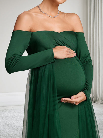 Robe d'Invitée de Mariage de Maternité Gaine/Colonne Hors de l'épaule Manches Longues Longueur Sol avec Surjupe