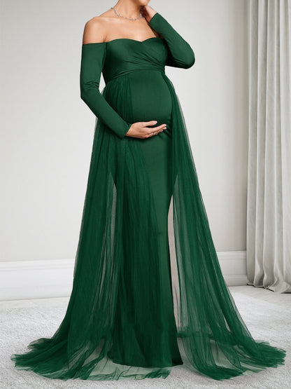 Robe d'Invitée de Mariage de Maternité Gaine/Colonne Hors de l'épaule Manches Longues Longueur Sol avec Surjupe