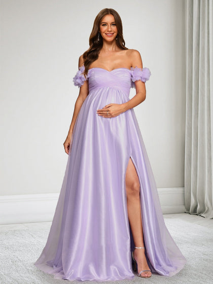 Robe d'Invitée de Mariage de Maternité Ligne A/Princesse Hors de l'épaule Longueur Sol Fendue avec Fleurs 3D