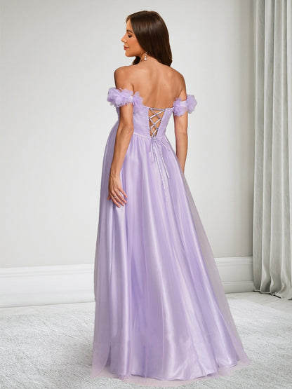 Robe d'Invitée de Mariage de Maternité Ligne A/Princesse Hors de l'épaule Longueur Sol Fendue avec Fleurs 3D