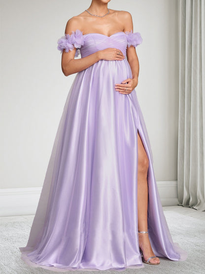 Robe d'Invitée de Mariage de Maternité Ligne A/Princesse Hors de l'épaule Longueur Sol Fendue avec Fleurs 3D