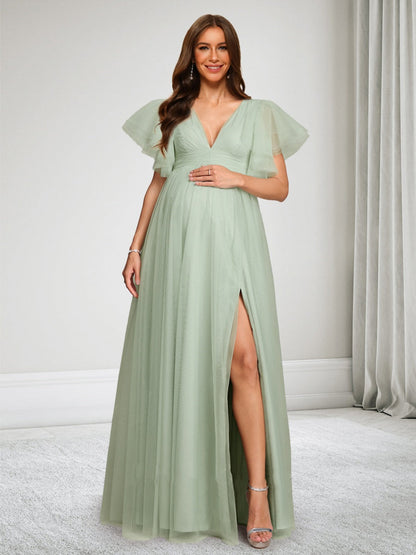 Robe d'Invitée de Mariage de Maternité en Tulle Ligne A/Princesse Col en V Longueur Sol Fendue