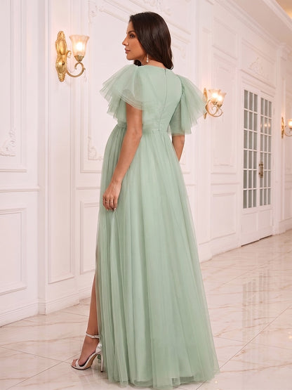 Robe d'Invitée de Mariage de Maternité en Tulle Ligne A/Princesse Col en V Longueur Sol Fendue