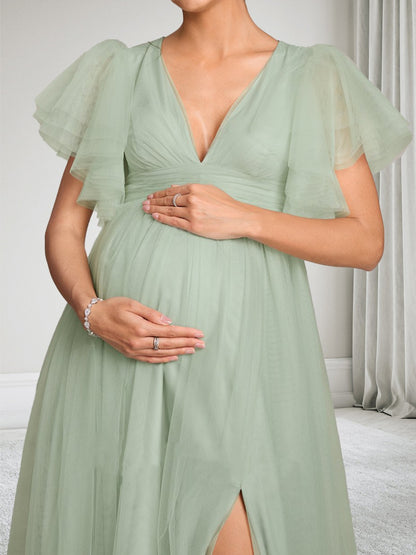 Robe d'Invitée de Mariage de Maternité en Tulle Ligne A/Princesse Col en V Longueur Sol Fendue