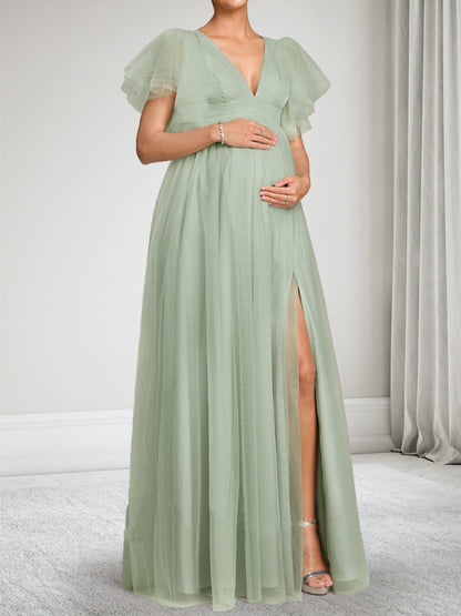 Robe d'Invitée de Mariage de Maternité en Tulle Ligne A/Princesse Col en V Longueur Sol Fendue