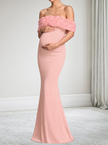 Robe d'Invitée de Mariage de Maternité Trompette/Sirène Hors de l'épaule Longueur Sol avec Fleurs 3D