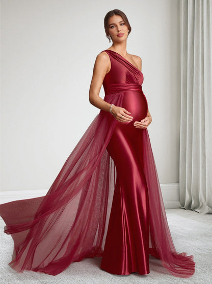 Robe d'Invitée de Mariage de Maternité Gaine/Colonne Asymétrique à une épaule Sans Manches Longueur Sol avec Surjupe