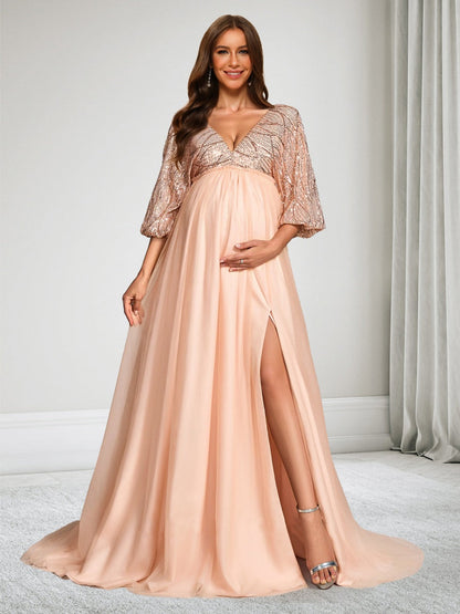 Robe d'Invitée de Mariage de Maternité en Tulle Ligne A/Princesse Col en V Manches 3/4 à Traîne Balayage avec Paillettes & Fente