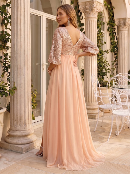 Robe d'Invitée de Mariage de Maternité en Tulle Ligne A/Princesse Col en V Manches 3/4 à Traîne Balayage avec Paillettes & Fente