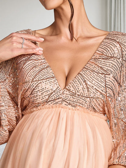 Robe d'Invitée de Mariage de Maternité en Tulle Ligne A/Princesse Col en V Manches 3/4 à Traîne Balayage avec Paillettes & Fente
