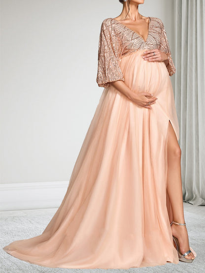 Robe d'Invitée de Mariage de Maternité en Tulle Ligne A/Princesse Col en V Manches 3/4 à Traîne Balayage avec Paillettes & Fente