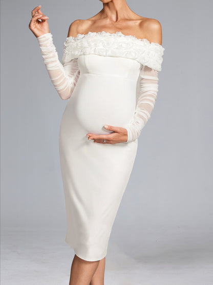 Robe d'Invitée de Mariage de Maternité Longueur Genou Gaine/Colonne Hors de l'épaule Manches Longues Ruchée avec Fleurs 3D