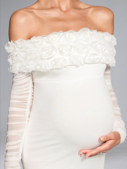 Robe d'Invitée de Mariage de Maternité Longueur Genou Gaine/Colonne Hors de l'épaule Manches Longues Ruchée avec Fleurs 3D