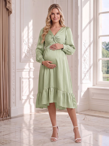 Robe d'Invitée de Mariage de Maternité en Satin Ligne A/Princesse Manches Longues Longueur Genou avec Volants
