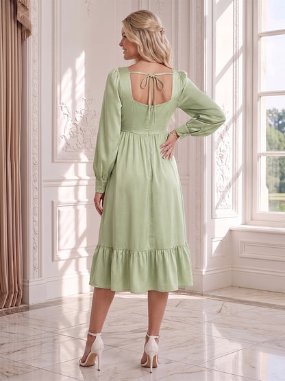 Robe d'Invitée de Mariage de Maternité en Satin Ligne A/Princesse Manches Longues Longueur Genou avec Volants