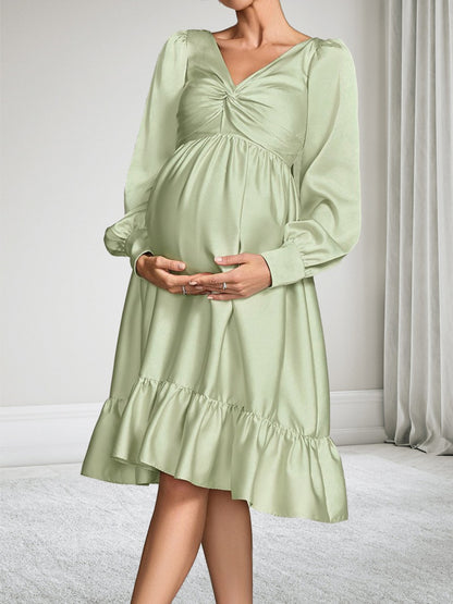 Robe d'Invitée de Mariage de Maternité en Satin Ligne A/Princesse Manches Longues Longueur Genou avec Volants