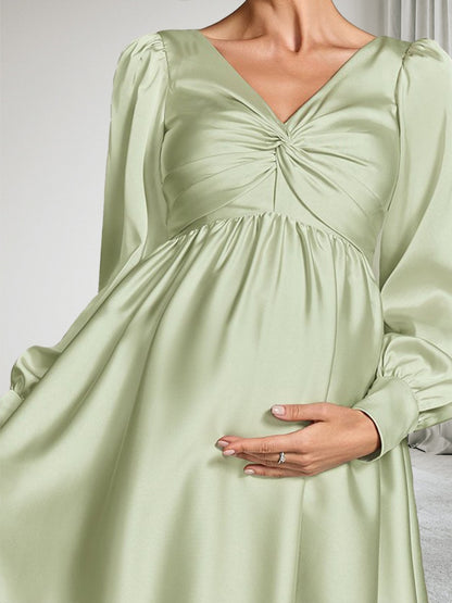 Robe d'Invitée de Mariage de Maternité en Satin Ligne A/Princesse Manches Longues Longueur Genou avec Volants