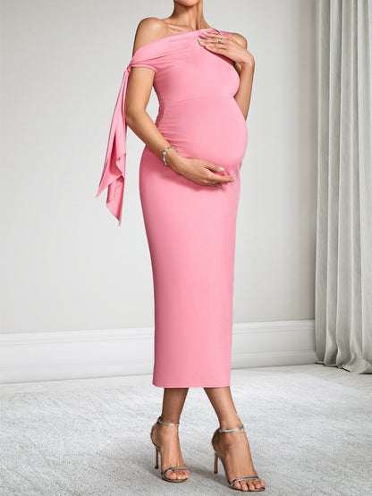 Robe d'Invitée de Mariage de Maternité Gaine/Colonne Col Asymétrique Sans Manches Longueur Thé