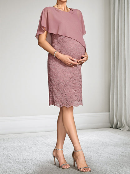 Robe d'Invitée de Mariage de Maternité en Dentelle Gaine/Colonne Col Rond Manches Courtes Longueur Genou