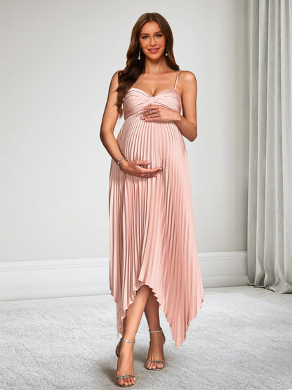Robe d'Invitée de Mariage de Maternité en Satin Ligne A/Princesse à Bretelles Spaghetti Longueur Thé Asymétrique & Plissée