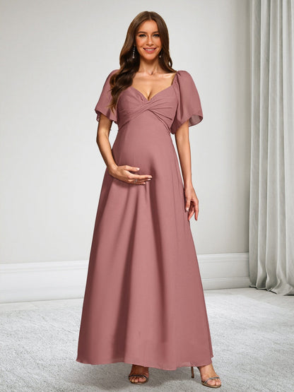 Robe d'Invitée de Mariage de Maternité en Mousseline Ligne A/Princesse Col en V Manches Courtes Longueur Cheville avec Nœud Papillon