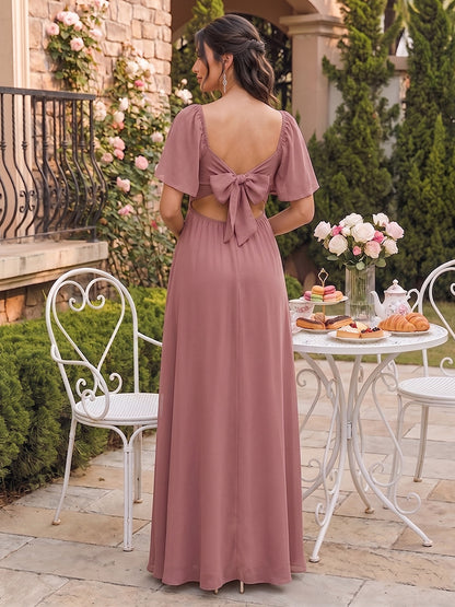 Robe d'Invitée de Mariage de Maternité en Mousseline Ligne A/Princesse Col en V Manches Courtes Longueur Cheville avec Nœud Papillon