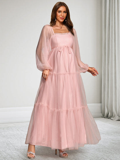 Robe d'Invitée de Mariage de Maternité en Tulle Ligne A/Princesse Col Carré Manches Longues Longueur Cheville avec Nœud Papillon