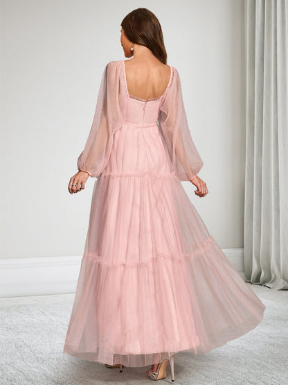 Robe d'Invitée de Mariage de Maternité en Tulle Ligne A/Princesse Col Carré Manches Longues Longueur Cheville avec Nœud Papillon