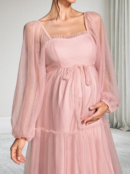 Robe d'Invitée de Mariage de Maternité en Tulle Ligne A/Princesse Col Carré Manches Longues Longueur Cheville avec Nœud Papillon