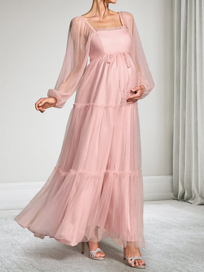 Robe d'Invitée de Mariage de Maternité en Tulle Ligne A/Princesse Col Carré Manches Longues Longueur Cheville avec Nœud Papillon