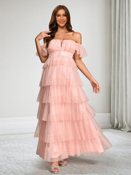 Robe d'Invitée de Mariage de Maternité en Tulle Ligne A/Princesse Hors de l'épaule Longueur Cheville avec volants étagés