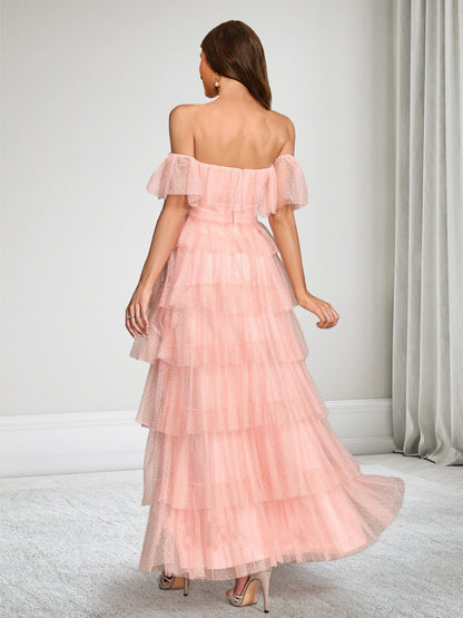Robe d'Invitée de Mariage de Maternité en Tulle Ligne A/Princesse Hors de l'épaule Longueur Cheville avec volants étagés