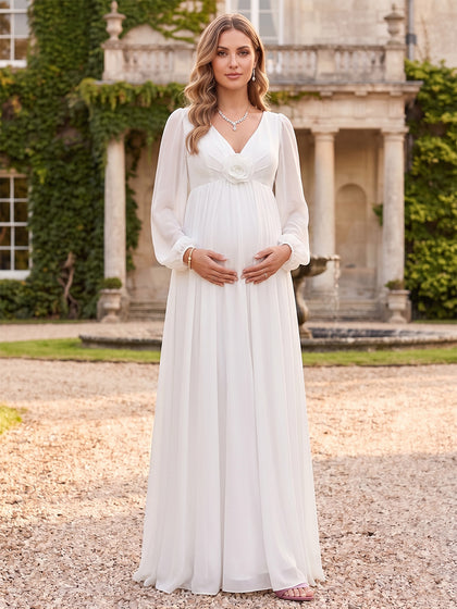 Robe d'Invitée de Mariage de Maternité en Mousseline Ligne A/Princesse Col en V Manches Longues Longueur Sol avec Fleurs 3D