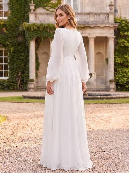 Robe d'Invitée de Mariage de Maternité en Mousseline Ligne A/Princesse Col en V Manches Longues Longueur Sol avec Fleurs 3D