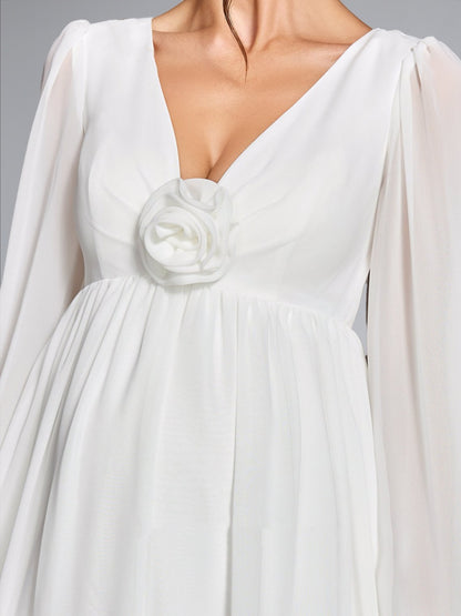 Robe d'Invitée de Mariage de Maternité en Mousseline Ligne A/Princesse Col en V Manches Longues Longueur Sol avec Fleurs 3D