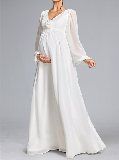 Robe d'Invitée de Mariage de Maternité en Mousseline Ligne A/Princesse Col en V Manches Longues Longueur Sol avec Fleurs 3D