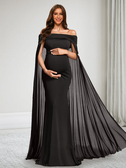 Robe d'Invitée de Mariage de Maternité en Mousseline Trompette/Sirène Hors de l'épaule Longueur Sol avec Cape