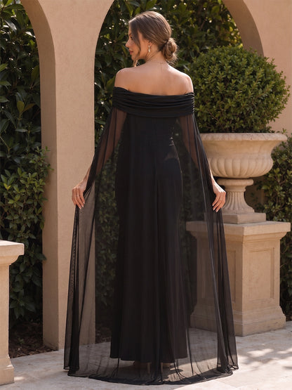 Robe d'Invitée de Mariage de Maternité en Mousseline Trompette/Sirène Hors de l'épaule Longueur Sol avec Cape