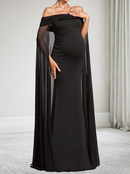 Robe d'Invitée de Mariage de Maternité en Mousseline Trompette/Sirène Hors de l'épaule Longueur Sol avec Cape
