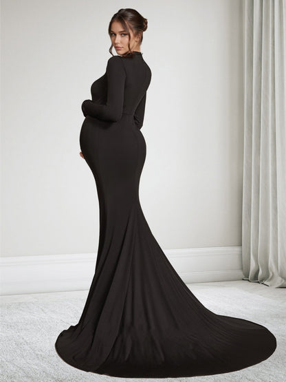 Robe d'Invitée de Mariage de Maternité Trompette/Sirène Col Haut Manches Longues à Traîne de Cour