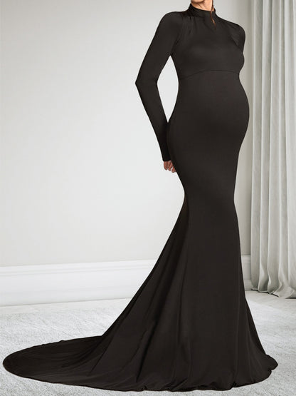 Robe d'Invitée de Mariage de Maternité Trompette/Sirène Col Haut Manches Longues à Traîne de Cour