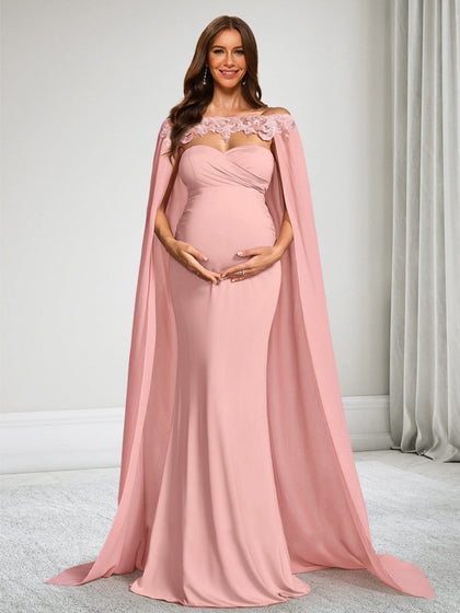 Trompette/Sirène Hors de L'épaule Longueur du Sol Robes d'invitées de Mariage de Maternité avec Cap