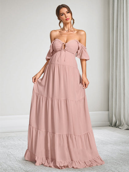 Robe d'Invitée de Mariage de Maternité en Mousseline Ligne A/Princesse Hors de l'épaule Manches Courtes Longueur Sol avec Volants